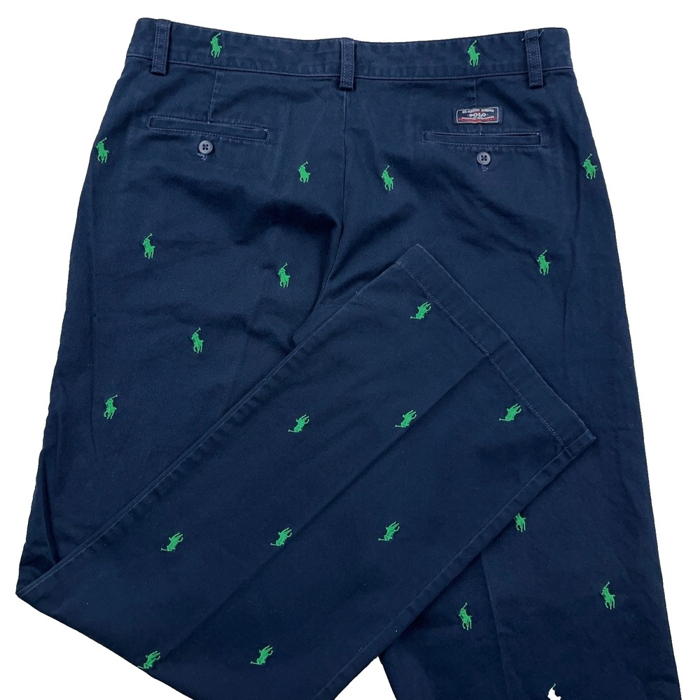 Vintage Ralph Laure Chino Pants Women Size 10 Navy Blue Green Pony AOP Sport